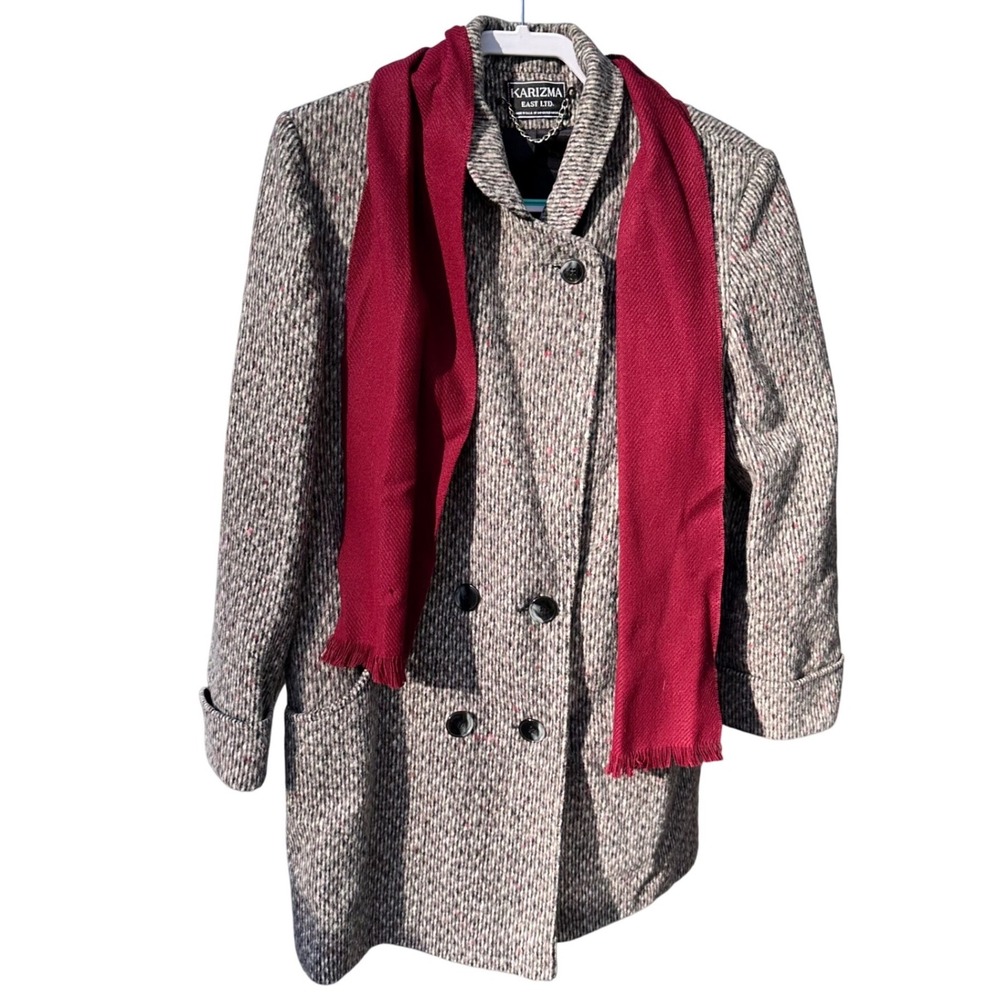 Vintage Karizma East Ltd Double Breasted Tweed‎ Wool Blend Coat with Scarf